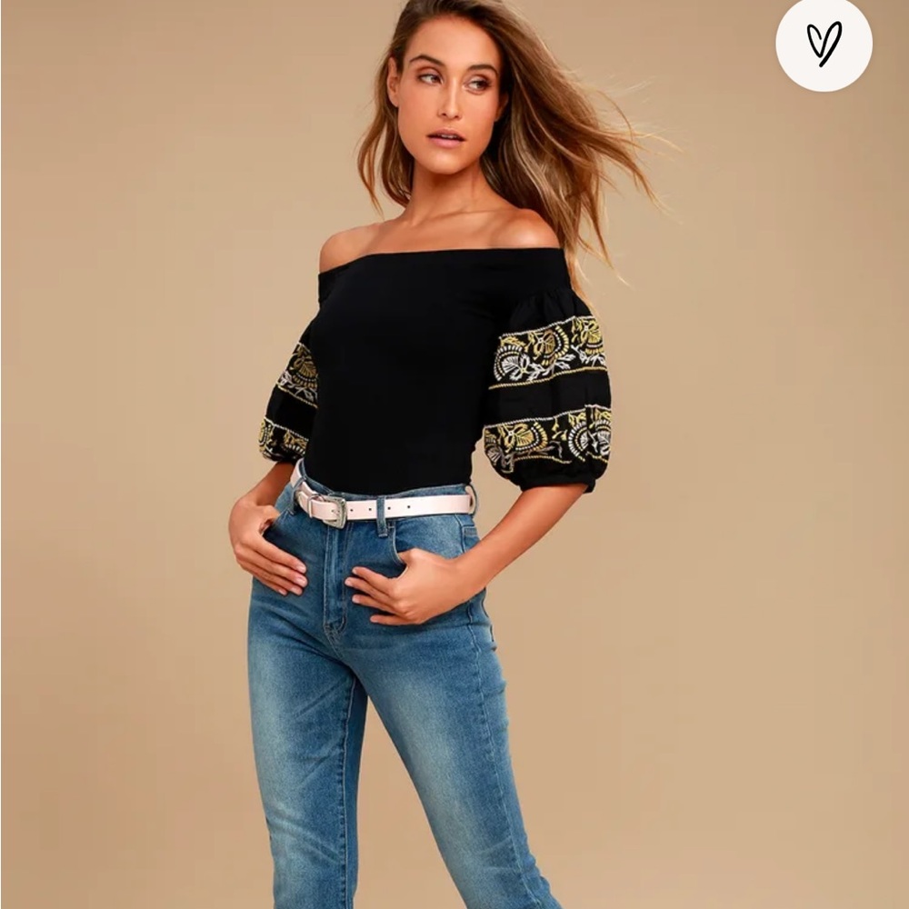 Free People Rock With It Black Embroidered Off-the-Shoulder Top